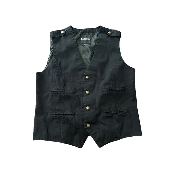 Vintage Guess Black Cotton Vest Gold Buttons Epaulettes 90s Y2K Grunge Large - Picture 1 of 10